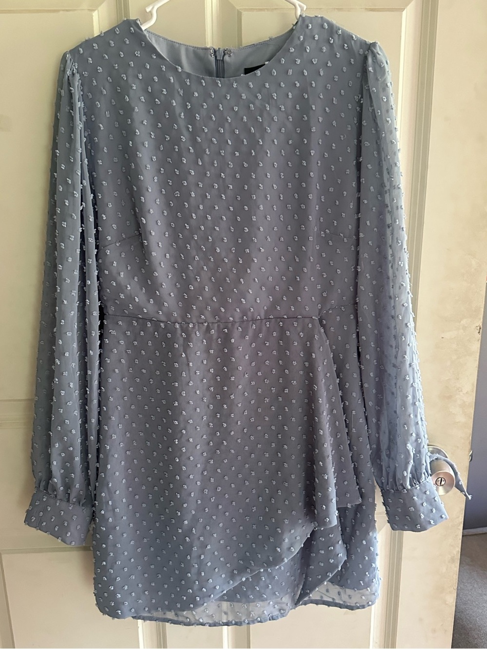 Lulus Dusty Blue Long-Sleeve Swiss Dot Dress